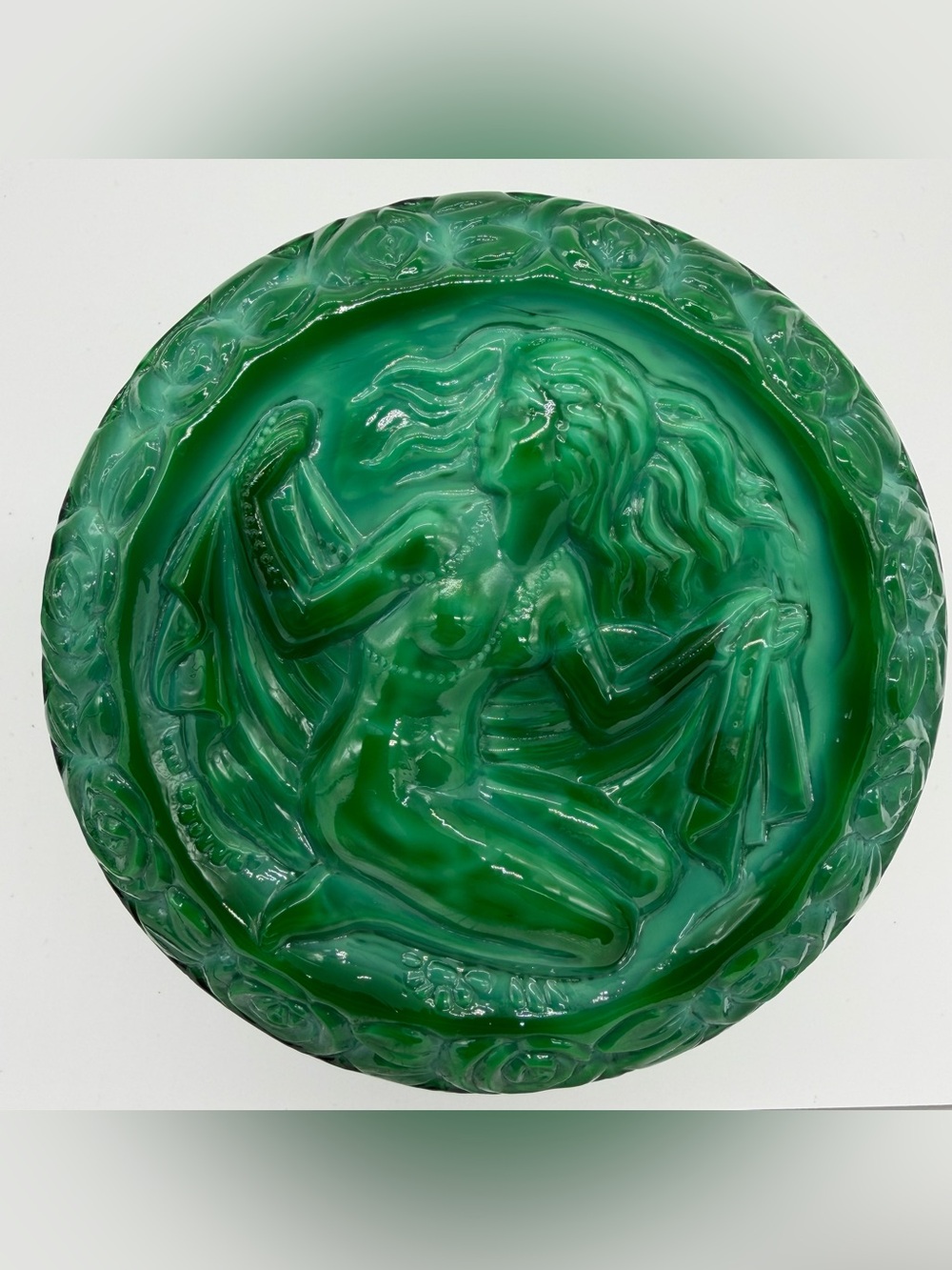 Art Deco Czech Malachite Green Glass Nude Female Figural Box